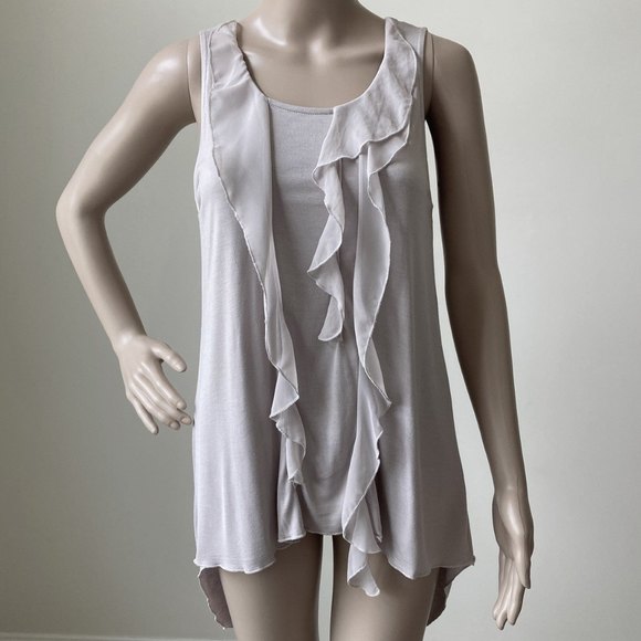 Kische Sleeveless Blouse Woman Sz M Jersey Top Sheer Ruffle High Low Mauve Gray - Picture 4 of 11